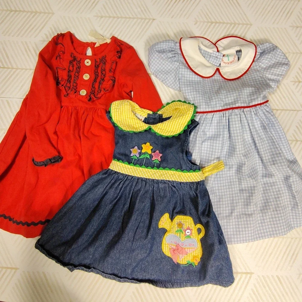 Toddler Girls Dress Bundle Samara Denim Shrimp & Grits‎ Gingham Red Ruffle 18M